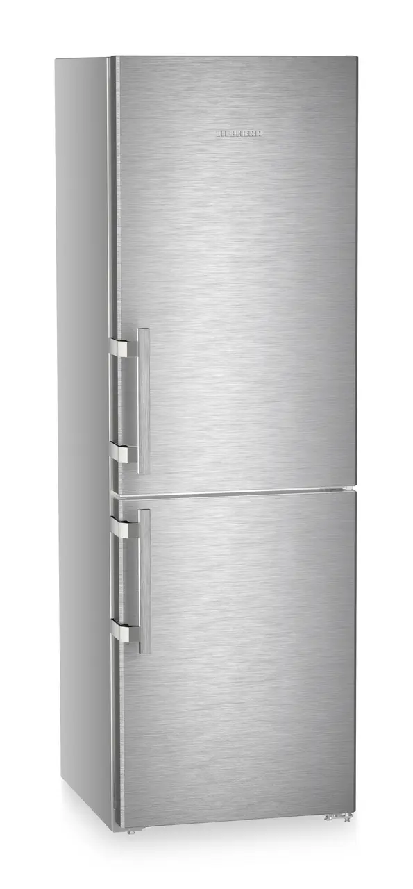 Product image, Perspective: oblique closed, Combined fridge-freezers with EasyFresh and NoFrost, Casing colour: silver, Door colour: stainless steel