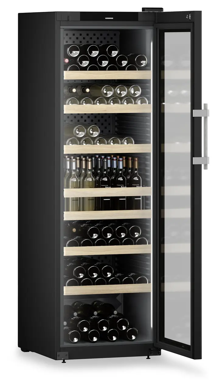 Produkt-Bild, Perspektive: schräg offen dekoriert, Weinschrank Professional, Gehäusefarbe: Schwarz, Türfarbe: Schwarz