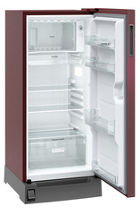 Product image, Perspective: oblique open empty, Single-door fridge, 191 l in 2 star with foot pedal base drawer, Casing colour: red, Door colour: Red Wonder