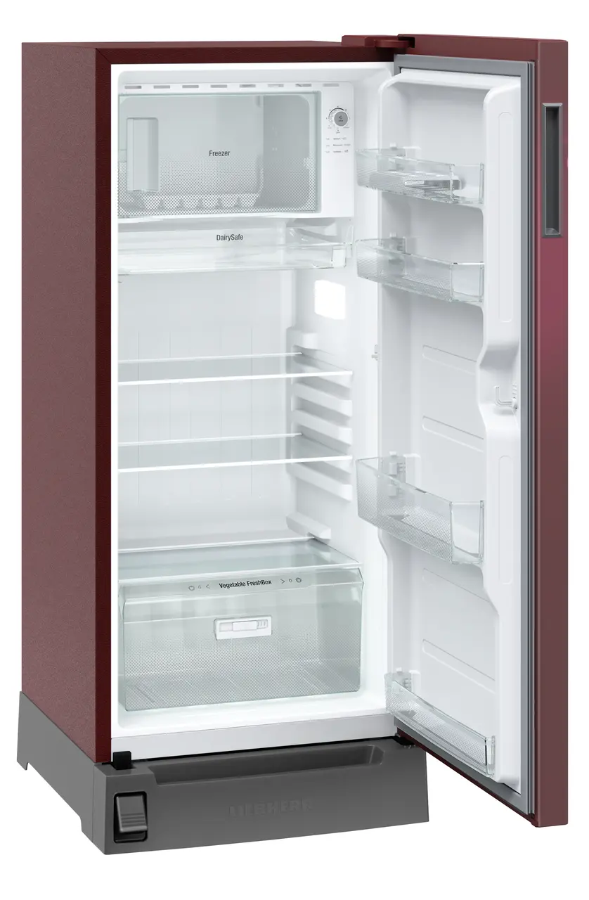 Product image, Perspective: oblique open empty, Single-door fridge, 191 l in 2 star with foot pedal base drawer, Casing colour: red, Door colour: Red Wonder
