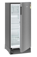 Product image, Perspective: oblique half-open empty, Single-door refrigerator 222 l in 3 star with foot pedal base drawer, Casing colour: grey, Door colour: Silver Steel