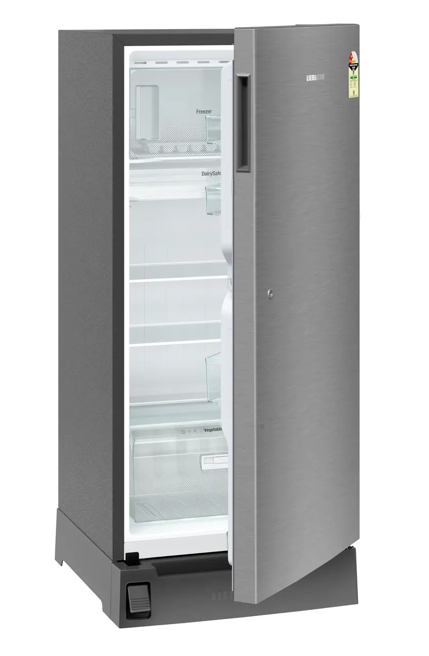 Product image, Perspective: oblique half-open empty, Single-door refrigerator 222 l in 3 star with foot pedal base drawer, Casing colour: grey, Door colour: Silver Steel
