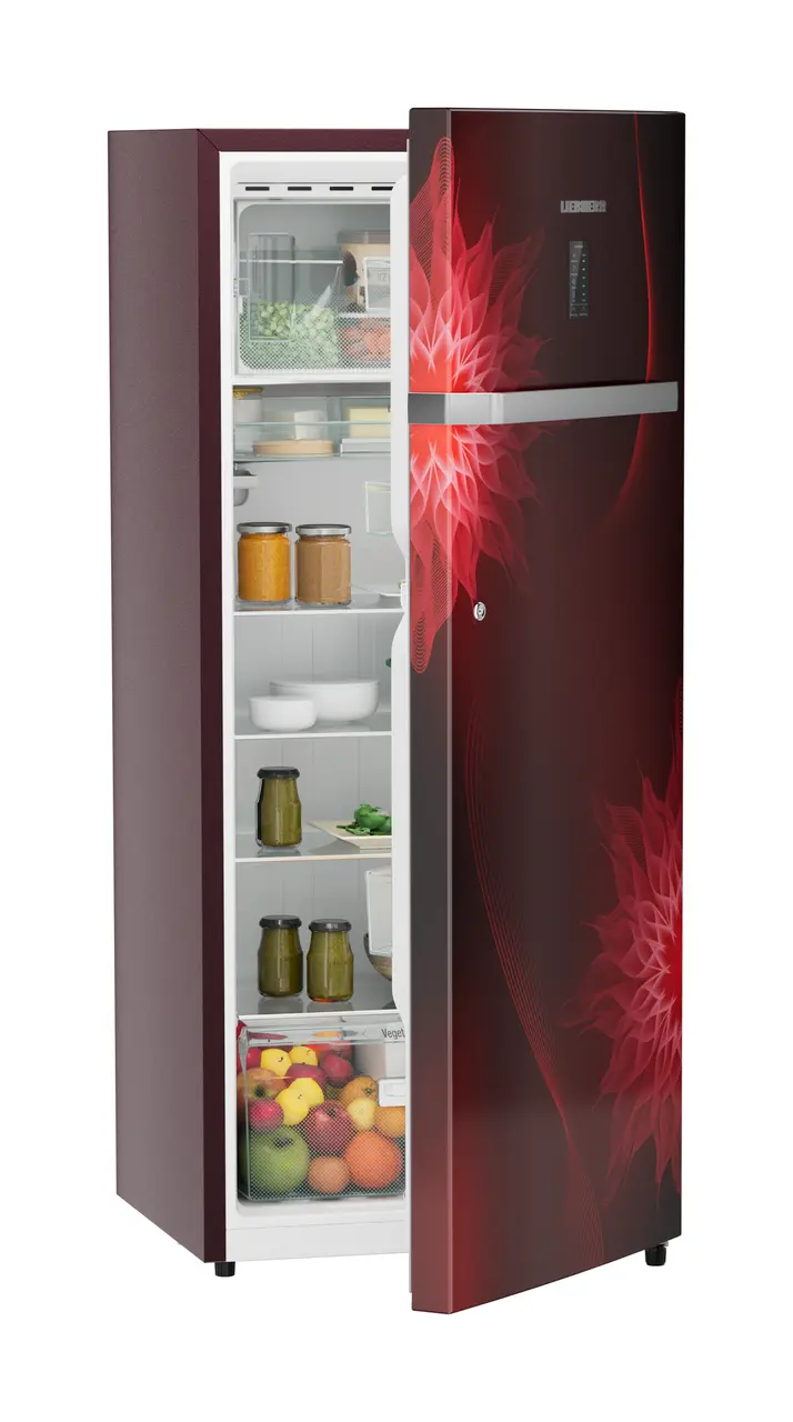 Product image, Perspective: oblique half-open decorated, Single-door refrigerator 222 l in 4 star with iCoolTouch UI, Casing colour: red, Door colour: Red Mystiq