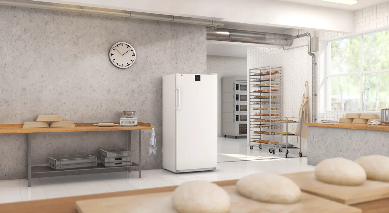 Изображение на продукта, Перспектива: Околна среда, Хладилник по стандарта за хлебопекарни с динамично охлаждане, Цвят на корпуса: бял, Цвят на вратата: бял