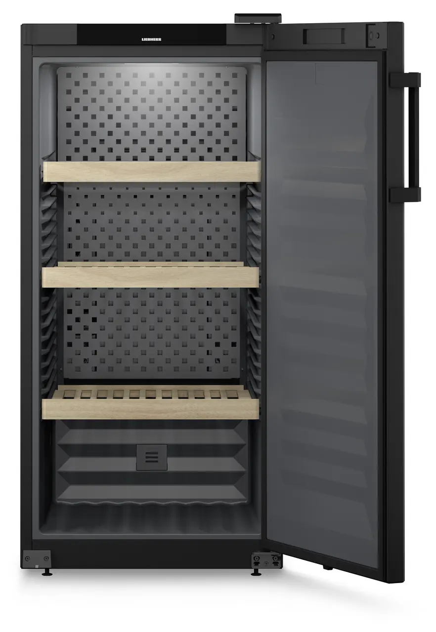 Изображение на продукта, Перспектива: Отпред, отворен, празен, Шкаф за съхранение на вино, Цвят на корпуса: черен, Цвят на вратата: черен