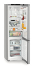 Product image, Perspective: oblique open decorated, Combined fridge-freezers with EasyFresh and NoFrost, Casing colour: silver, Door colour: white