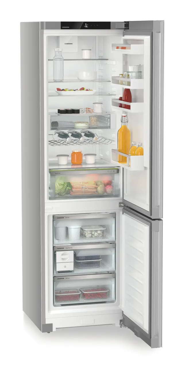 Product image, Perspective: oblique open decorated, Combined fridge-freezers with EasyFresh and NoFrost, Casing colour: silver, Door colour: white