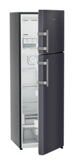 Product image, Perspective: oblique half-open empty, Fridge-freezer with NoFrost, Casing colour: grey, Door colour: Cobalt Steel