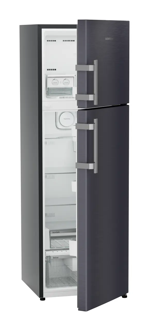 Product image, Perspective: oblique half-open empty, Fridge-freezer with NoFrost, Casing colour: grey, Door colour: Cobalt Steel
