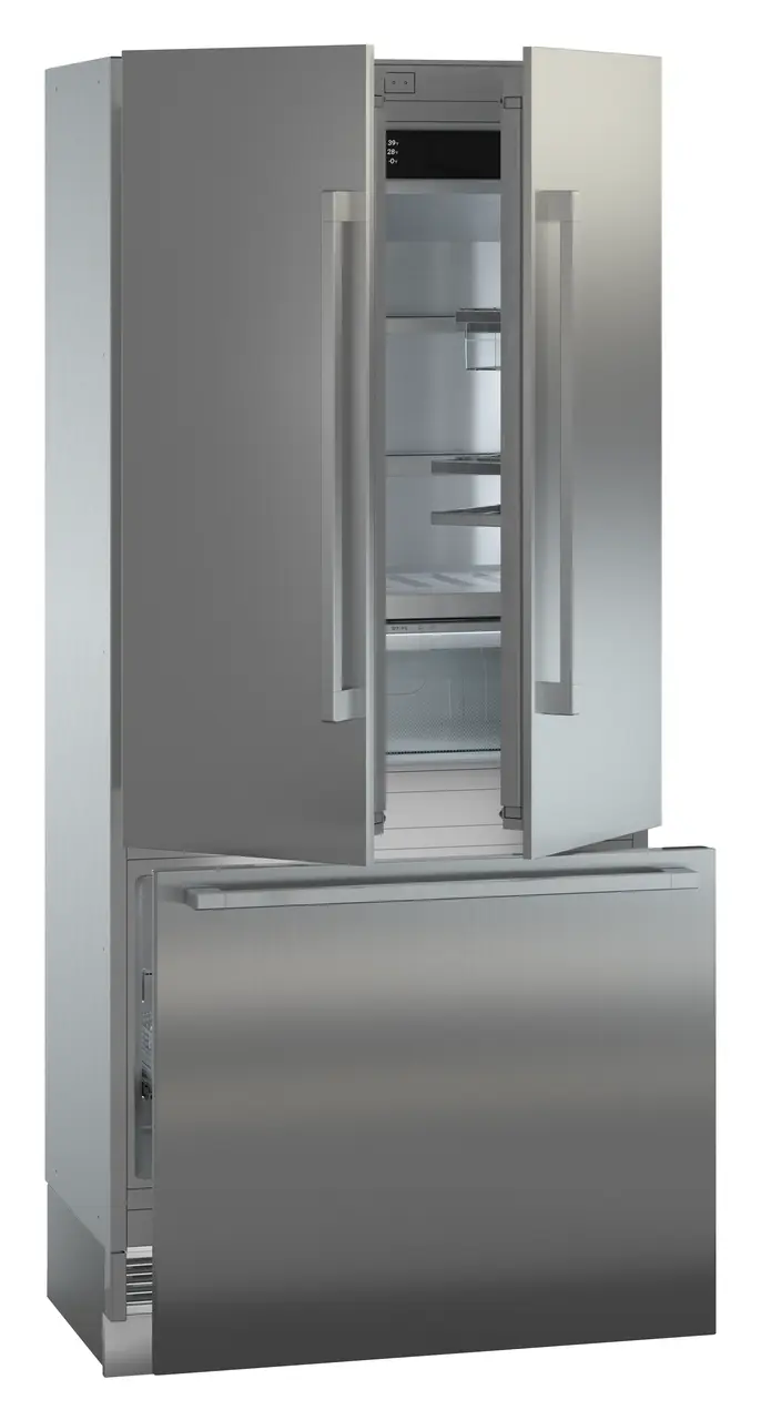 Product image, Perspective: oblique half-open empty, Combined refrigerator-freezer with BioFresh and NoFrost for integrated use