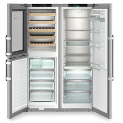 Product image, Perspective: straight open empty, Side-by-side combination with wine tempering compartment, Casing colour: silver, Door colour: stainless steel