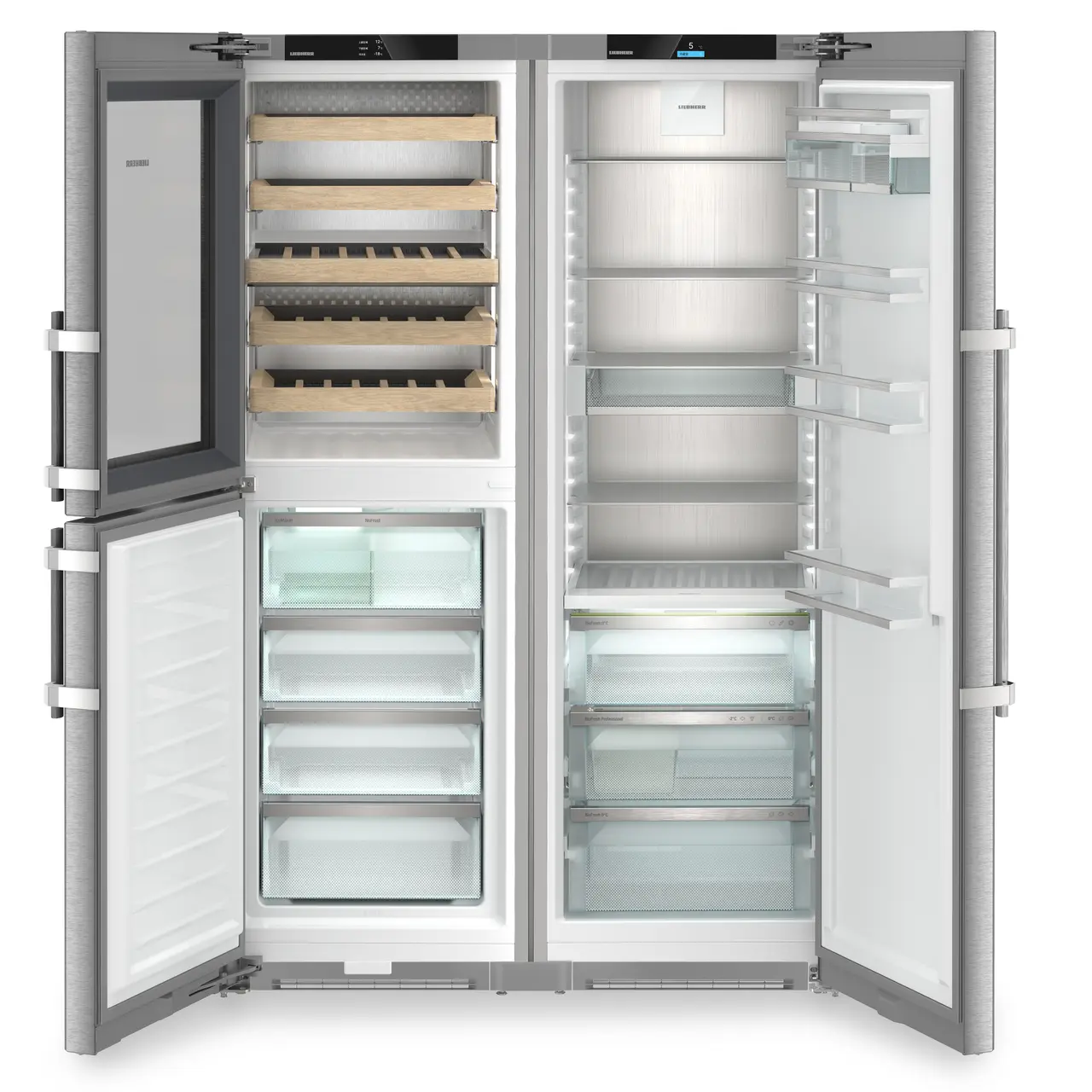 Product image, Perspective: straight open empty, Side-by-side combination with wine tempering compartment, Casing colour: silver, Door colour: stainless steel