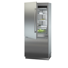 Product image, Perspective: oblique half-open decorated, Combined refrigerator-freezer with BioFresh and NoFrost for integrated use, Casing colour: grey