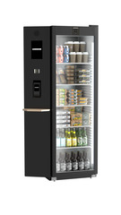 Produkt-Bild, Perspektive: schräg geschlossen dekoriert, Kühlgerät mit Umluftkühlung, Gehäusefarbe: Schwarz, Türfarbe: Schwarz