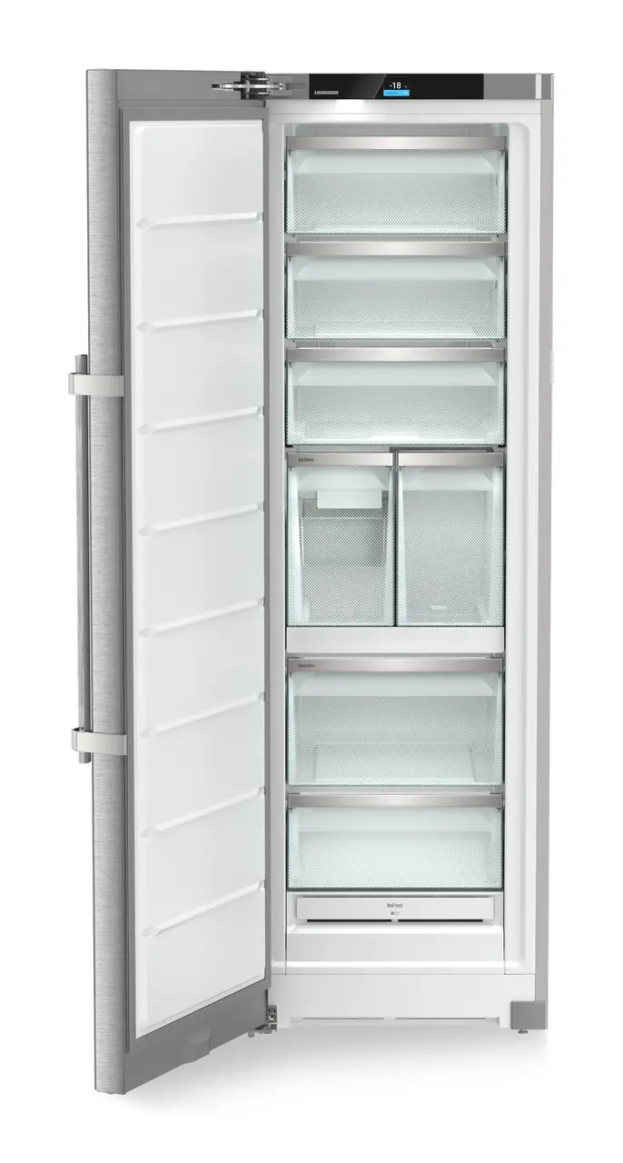 Product image, Perspective: straight open empty, Freestanding freezer with NoFrost and IceTower, Casing colour: silver, Door colour: stainless steel