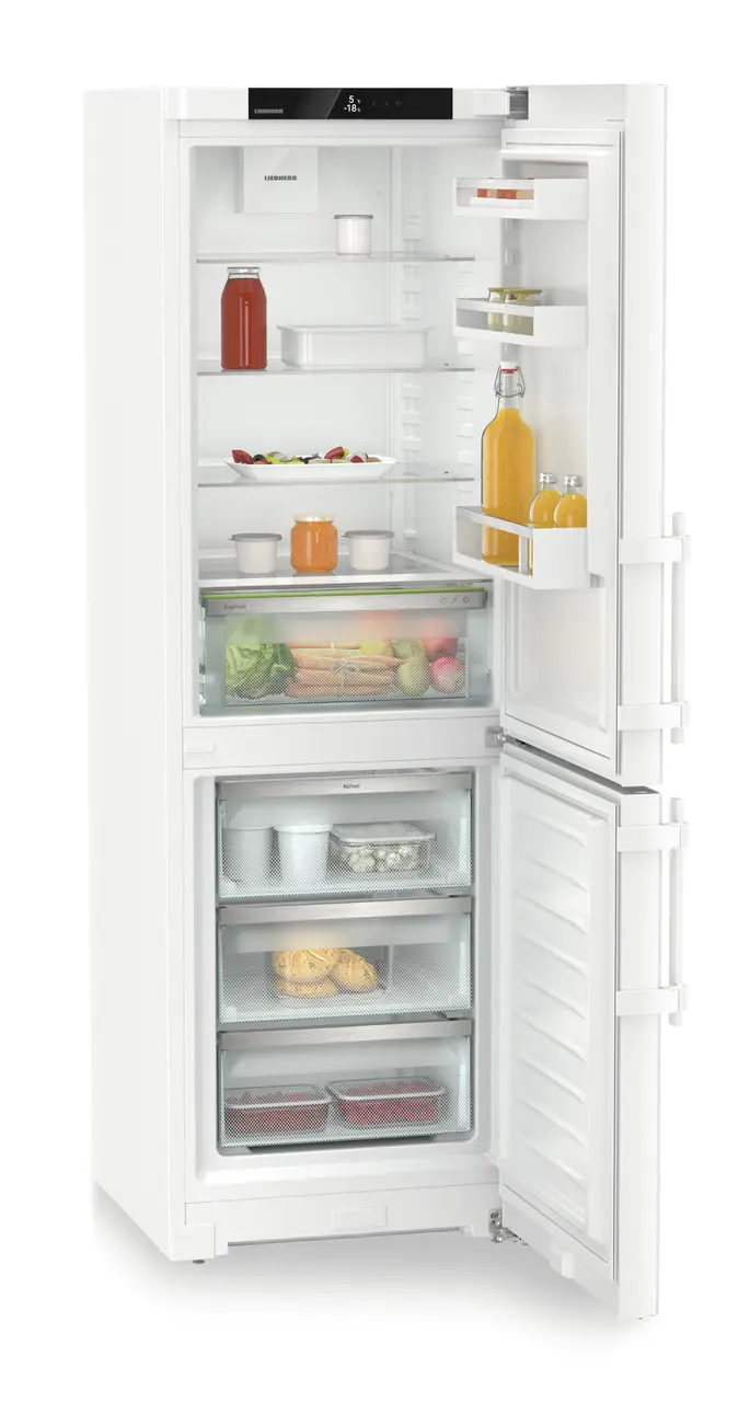 Obrázok produktu, Perspektíva: Šikmo, spotrebič otvorený, dekorovaný, Kombinácia chladničky a mrazničky s EasyFresh a NoFrost, Farba steny: Biely, Farba dverí: Biely