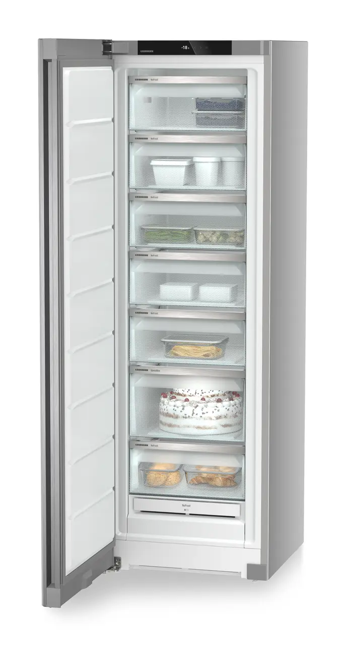 Изображение продукции, Перспектива: Под углом, с открытой дверцей, с продуктами, Морозильная камера с системой NoFrost, Цвет корпуса: серебристый