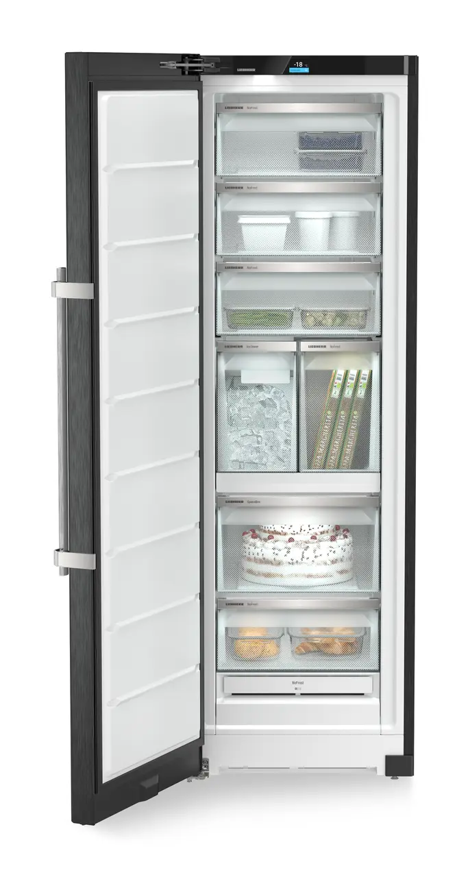 Product image, Perspective: straight open decorated, Freestanding freezer with NoFrost and IceTower, Casing colour: BlackSteel, Door colour: BlackSteel
