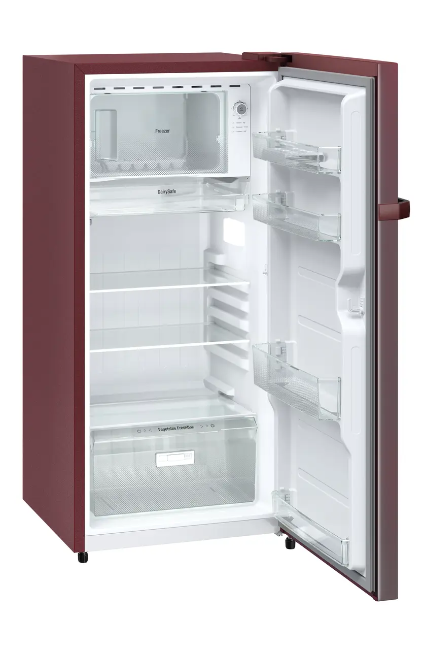 Product image, Perspective: oblique open empty, Single-door fridge, 191 l in 2 star and horizontal handle, Casing colour: red, Door colour: Red Rosette