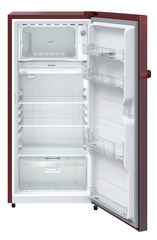 Product image, Perspective: straight open empty, Single-door fridge, 191 l in 2 star and horizontal handle, Casing colour: red, Door colour: Red Rosette