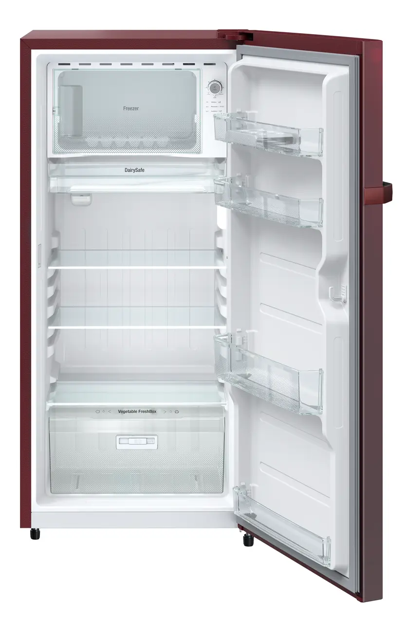 Product image, Perspective: straight open empty, Single-door fridge, 191 l in 2 star and horizontal handle, Casing colour: red, Door colour: Red Rosette