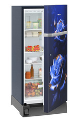 Product image, Perspective: oblique half-open decorated, Single-door refrigerator 191 l in 5 star with inverter compressor, Casing colour: blue, Door colour: Blue Rosette