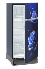 Product image, Perspective: oblique half-open empty, Single-door refrigerator 191 l in 5 star with inverter compressor, Casing colour: blue, Door colour: Blue Rosette