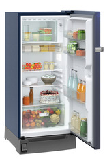 Product image, Perspective: oblique open decorated, Single-door refrigerator 191 l in 5 star with inverter compressor, Casing colour: blue, Door colour: Blue Rosette