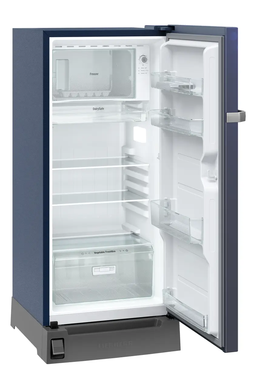 Product image, Perspective: oblique open empty, Single-door refrigerator 191 l in 5 star with inverter compressor, Casing colour: blue, Door colour: Blue Rosette
