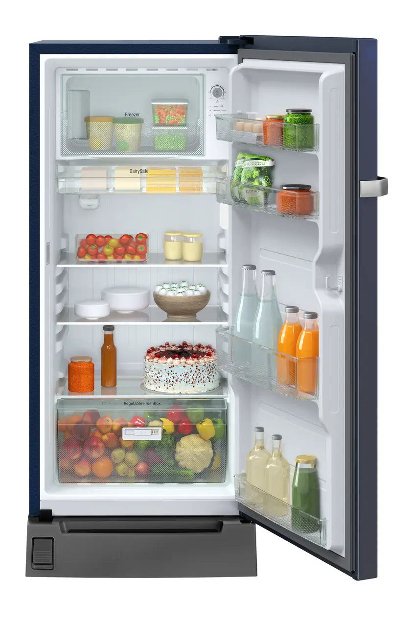 Product image, Perspective: straight open decorated, Single-door refrigerator 191 l in 5 star with inverter compressor, Casing colour: blue, Door colour: Blue Rosette