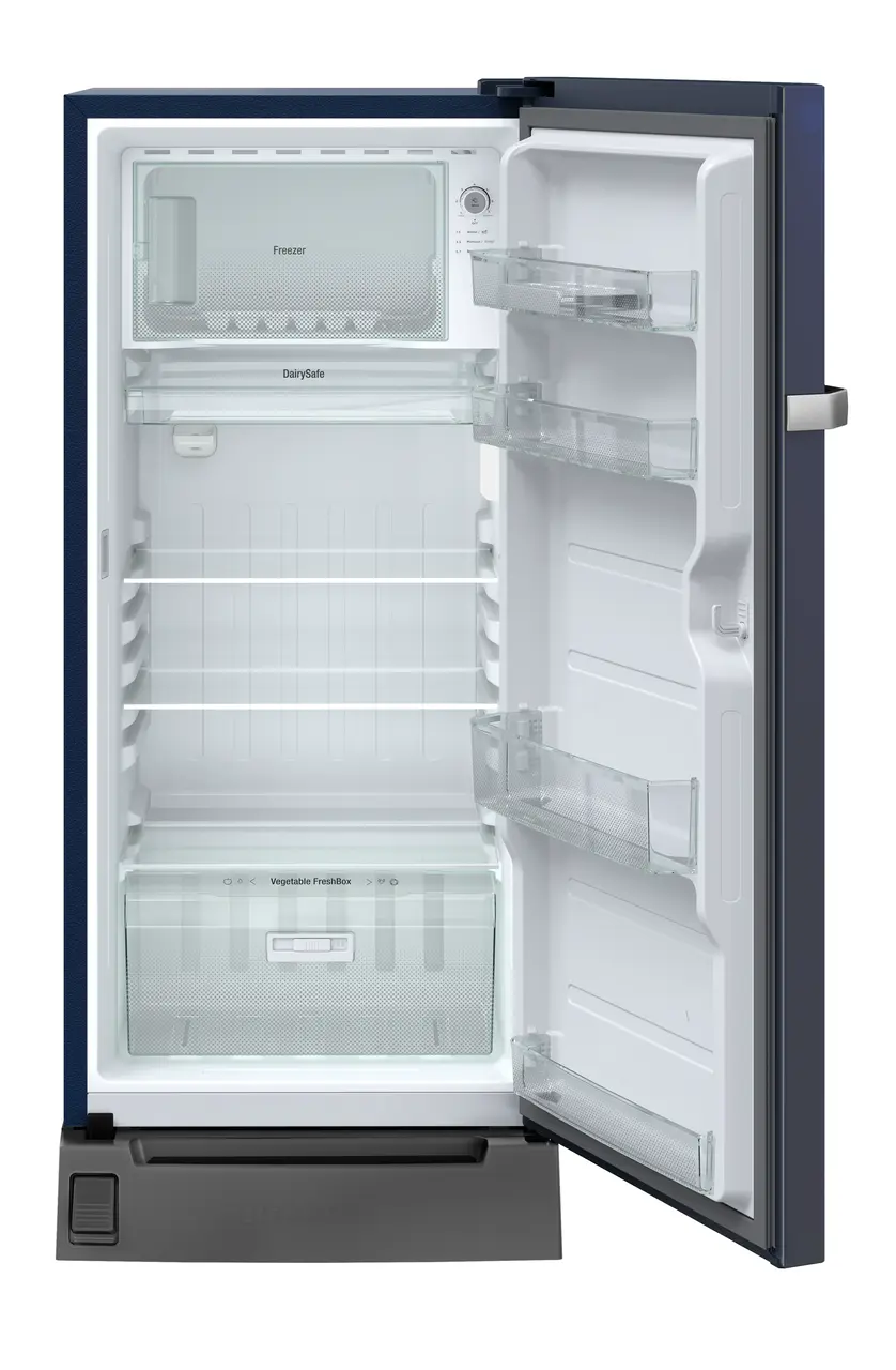 Product image, Perspective: straight open empty, Single-door refrigerator 191 l in 5 star with inverter compressor, Casing colour: blue, Door colour: Blue Rosette