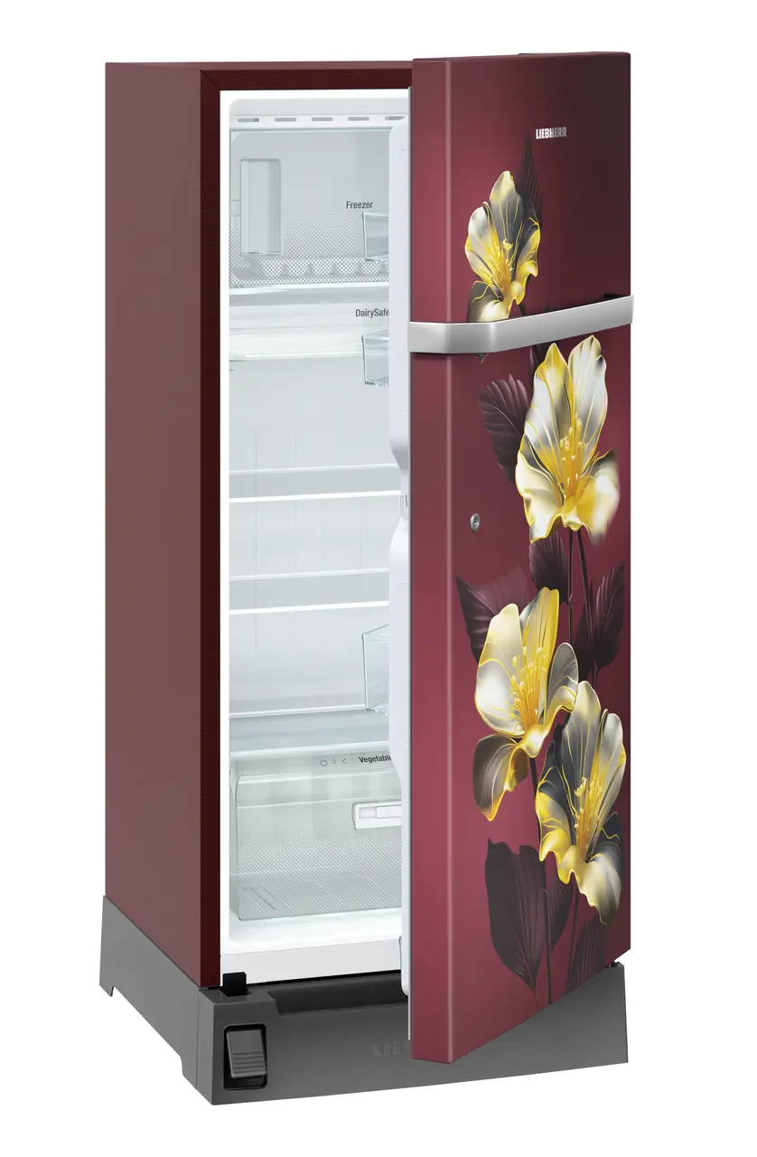 Product image, Perspective: oblique half-open empty, Single-door refrigerator 191 l in 5 star with inverter compressor, Casing colour: red, Door colour: Red Hibiskus