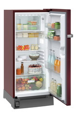 Product image, Perspective: oblique open decorated, Single-door refrigerator 191 l in 5 star with inverter compressor, Casing colour: red, Door colour: Red Hibiskus