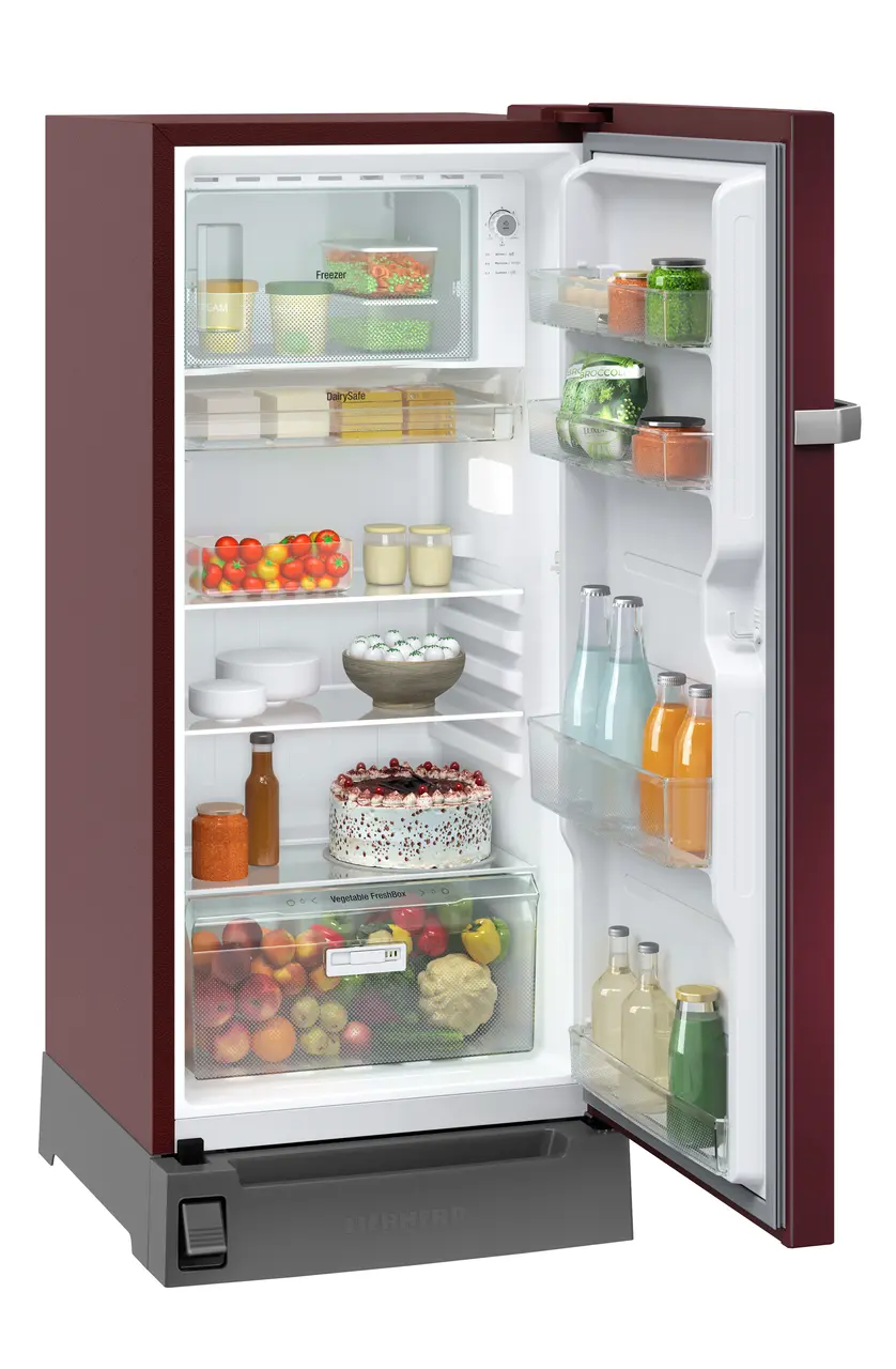 Product image, Perspective: oblique open decorated, Single-door refrigerator 191 l in 5 star with inverter compressor, Casing colour: red, Door colour: Red Hibiskus