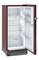 Product image, Perspective: oblique open empty, Single-door refrigerator 191 l in 5 star with inverter compressor, Casing colour: red, Door colour: Red Hibiskus
