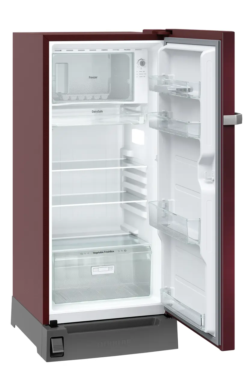 Product image, Perspective: oblique open empty, Single-door refrigerator 191 l in 5 star with inverter compressor, Casing colour: red, Door colour: Red Hibiskus