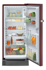 Product image, Perspective: straight open decorated, Single-door refrigerator 191 l in 5 star with inverter compressor, Casing colour: red, Door colour: Red Hibiskus