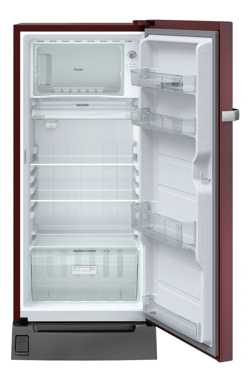 Product image, Perspective: straight open empty, Single-door refrigerator 191 l in 5 star with inverter compressor, Casing colour: red, Door colour: Red Hibiskus