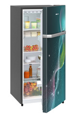 Product image, Perspective: oblique half-open decorated, Single-door fridge 202 l in 4 star with inverter compressor, Casing colour: grey, Door colour: Teal Strings
