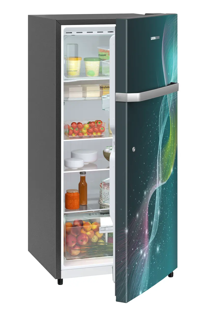 Product image, Perspective: oblique half-open decorated, Single-door fridge 202 l in 4 star with inverter compressor, Casing colour: grey, Door colour: Teal Strings