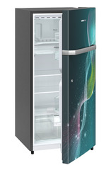 Product image, Perspective: oblique half-open empty, Single-door fridge 202 l in 4 star with inverter compressor, Casing colour: grey, Door colour: Teal Strings