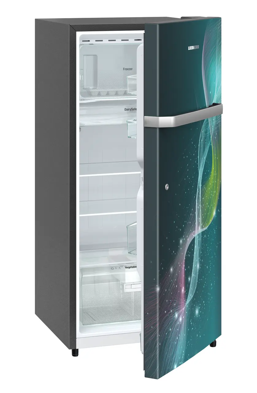 Product image, Perspective: oblique half-open empty, Single-door fridge 202 l in 4 star with inverter compressor, Casing colour: grey, Door colour: Teal Strings