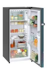 Product image, Perspective: oblique open decorated, Single-door fridge 202 l in 4 star with inverter compressor, Casing colour: grey, Door colour: Teal Strings