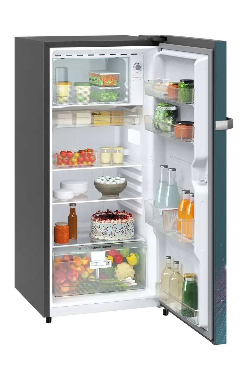 Product image, Perspective: oblique open decorated, Single-door fridge 202 l in 4 star with inverter compressor, Casing colour: grey, Door colour: Teal Strings