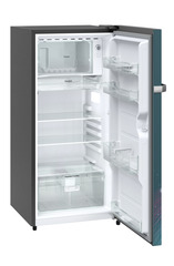Product image, Perspective: oblique open empty, Single-door fridge 202 l in 4 star with inverter compressor, Casing colour: grey, Door colour: Teal Strings