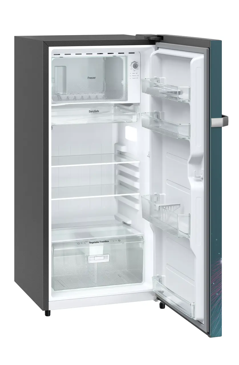 Product image, Perspective: oblique open empty, Single-door fridge 202 l in 4 star with inverter compressor, Casing colour: grey, Door colour: Teal Strings
