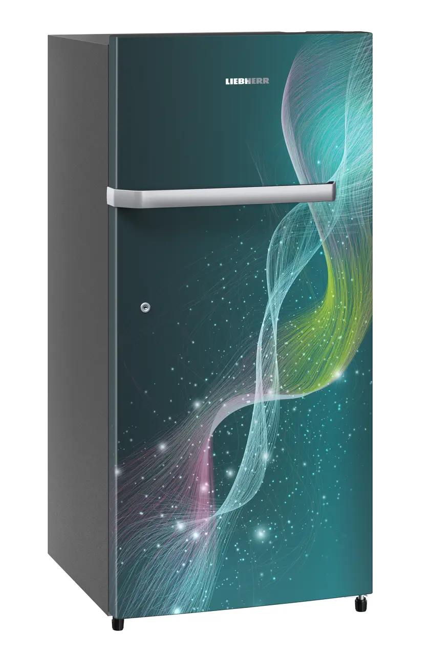 Product image, Perspective: oblique closed, Single-door fridge 202 l in 4 star with inverter compressor, Casing colour: grey, Door colour: Teal Strings
