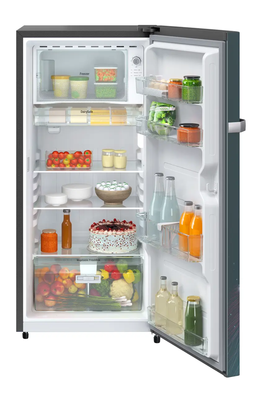 Product image, Perspective: straight open decorated, Single-door fridge 202 l in 4 star with inverter compressor, Casing colour: grey, Door colour: Teal Strings