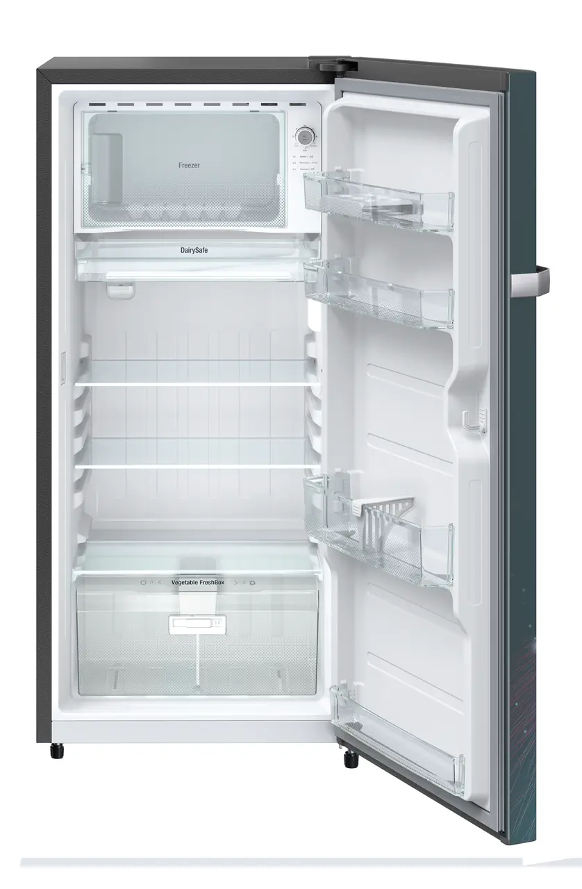 Product image, Perspective: straight open empty, Single-door fridge 202 l in 4 star with inverter compressor, Casing colour: grey, Door colour: Teal Strings