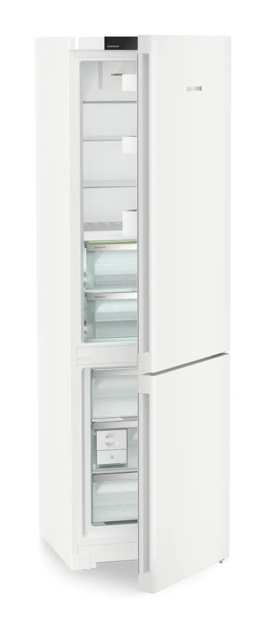 Product image, Perspective: oblique half-open empty, Fridge-freezer with BioFresh and NoFrost, Casing colour: white, Door colour: white